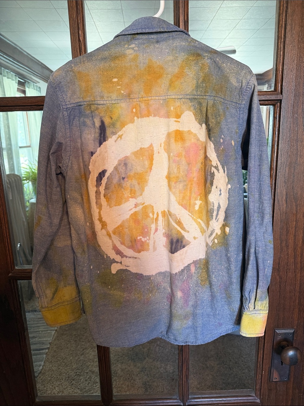 Club Room Blue Denim Button-Down with White Peace Sign and Multicolor Splatter